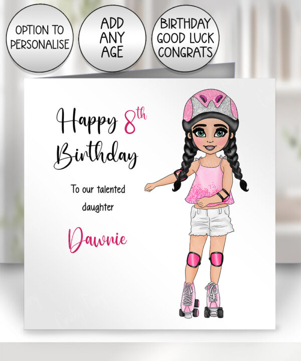 personalised rollerskater girl birthday card