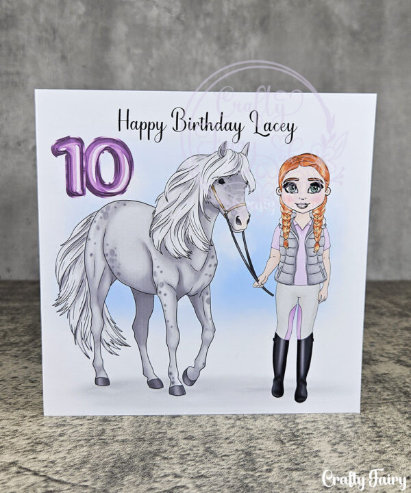 personalised horse rider girl in gillet birthday card