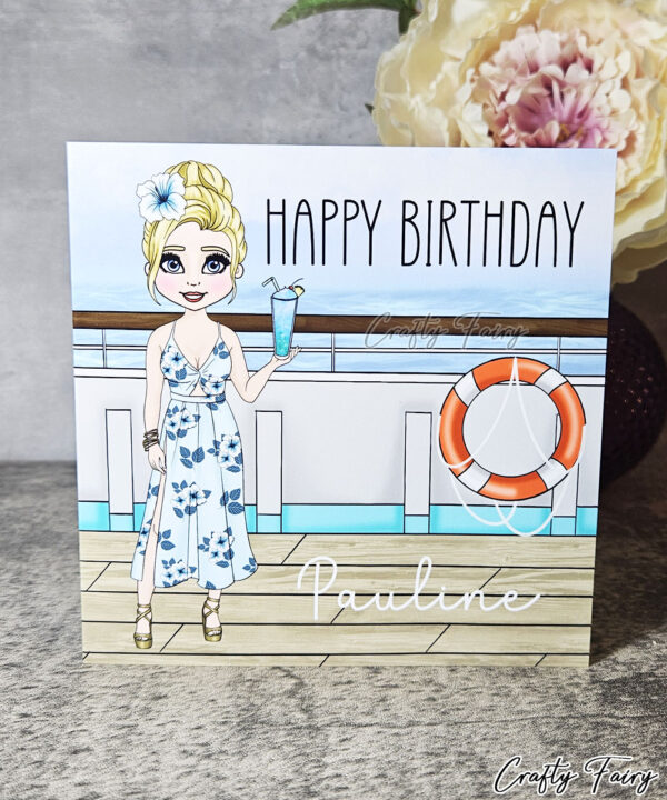 Personalised Cruise Ship Lady with Cocktail Birthday Card