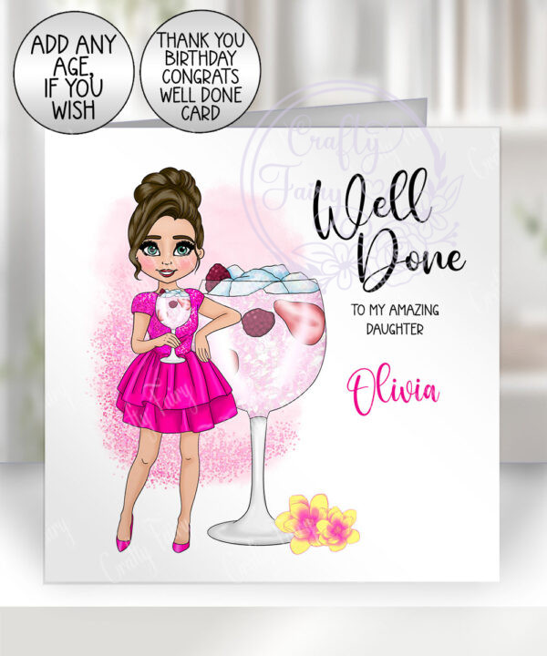 personalised pink gin cocktail lady happy birthday card