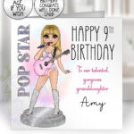 personalised popstar girl with pink guitar happy birthday card