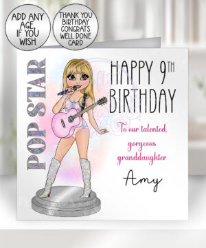 personalised popstar girl with pink guitar happy birthday card