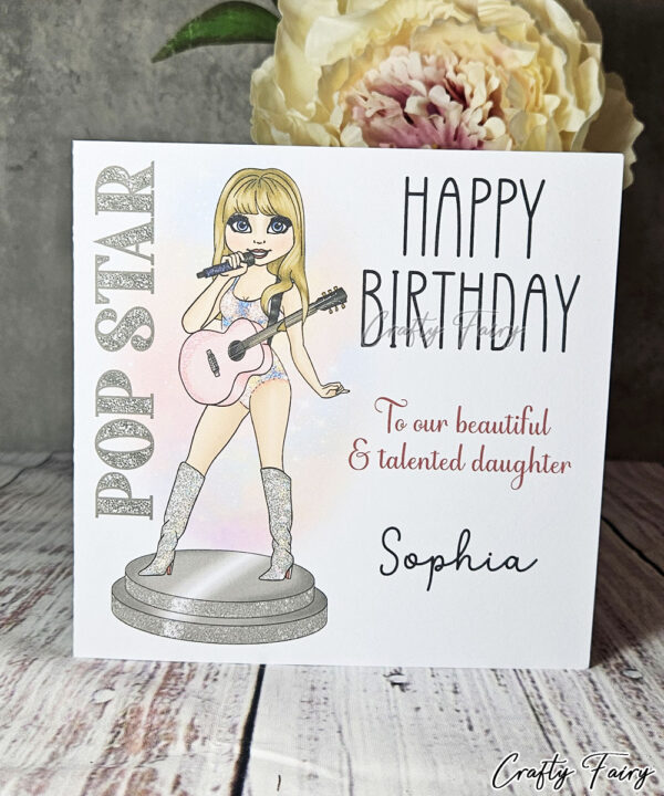 Personalised Popstar Girl with Pink Guitar Happy Birthday Card