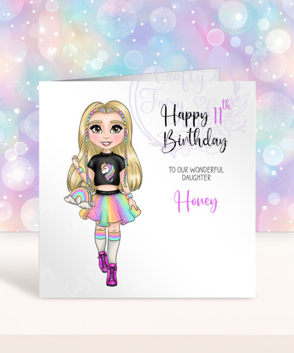 personalised unicorn rainbow girl birthday greeting card