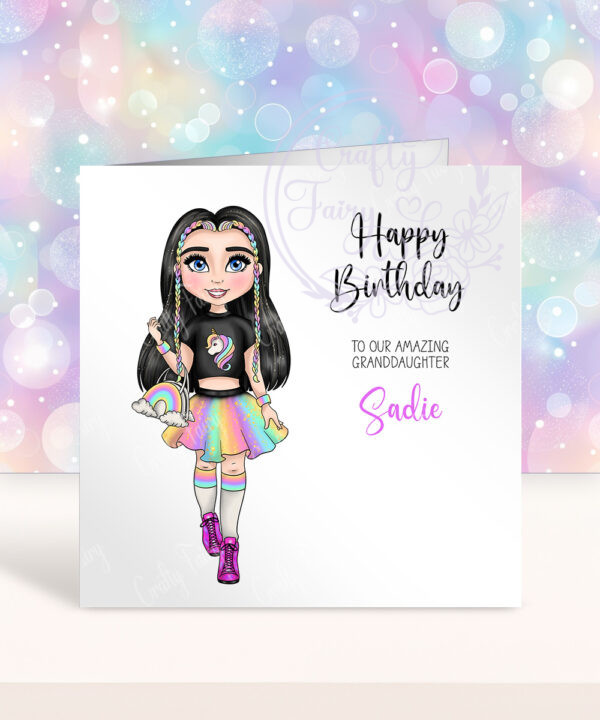 personalised unicorn rainbow girl birthday greeting card