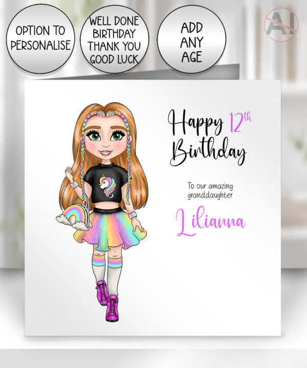 personalised unicorn rainbow girl birthday greeting card