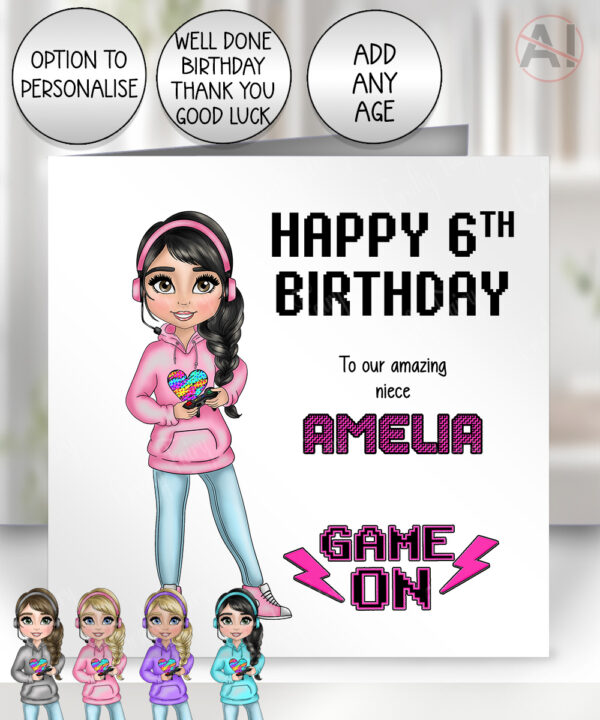 personalised gamer girl gaming birthday card for daughter granddaughter