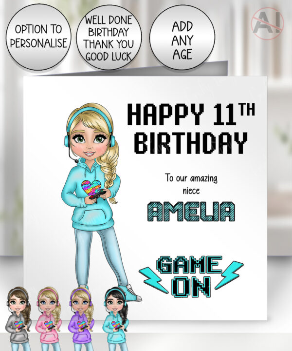 personalised gamer girl gaming birthday card for daughter granddaughter