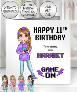 personalised gamer girl gaming birthday card for daughter granddaughter