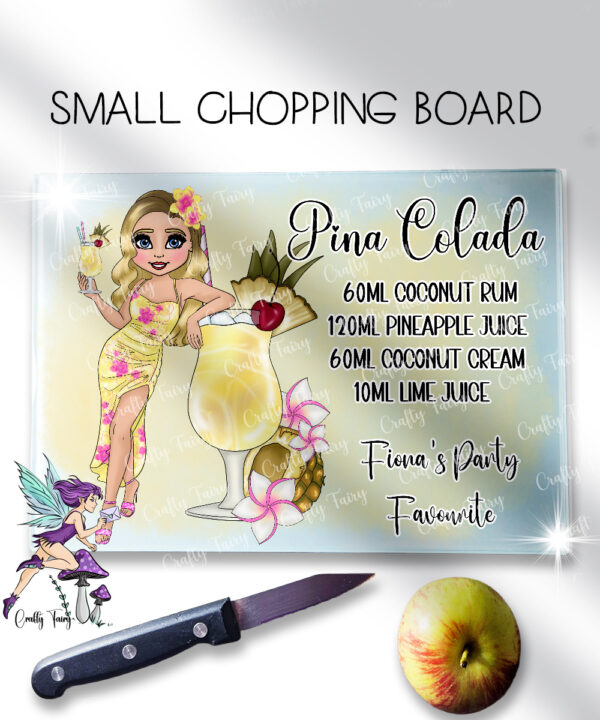 personalised pina colada cocktail lady glass chopping board or worktop protector small 20x28cm