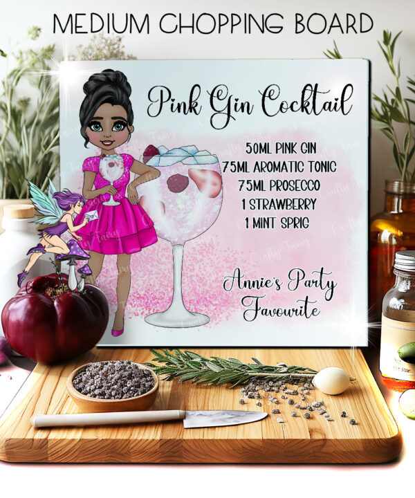 personalised pink gin cocktail lady glass chopping board or worktop protector small 20x28cm