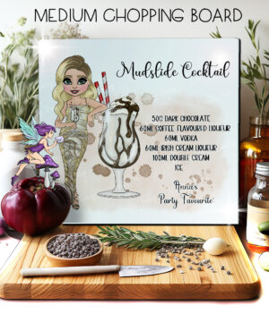 personalised mudslide cocktail lady glass chopping board or worktop protector small 20x28cm