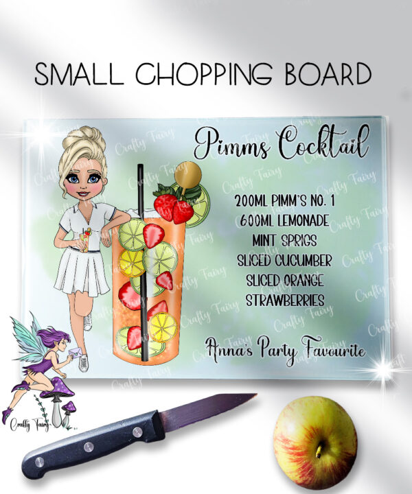 personalised pimms cocktail lady glass chopping board or worktop protector small 20x28cm
