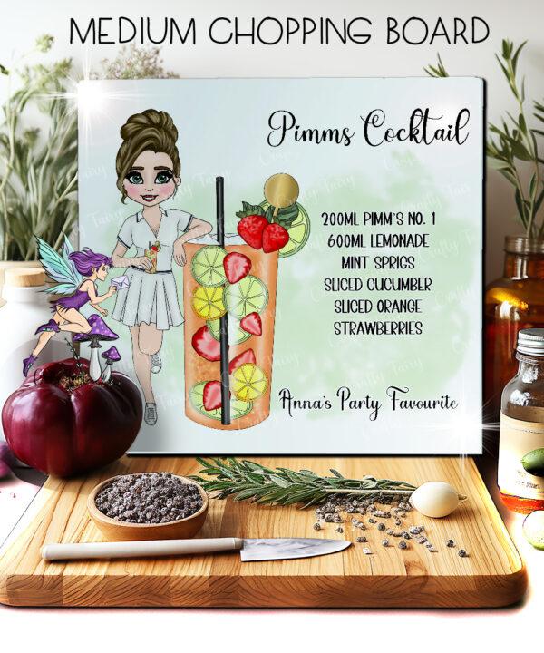 personalised pimms cocktail lady glass chopping board or worktop protector small 20x28cm