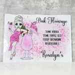 personalised pink flamingo cocktail lady glass chopping board or worktop protector small 20x28cm