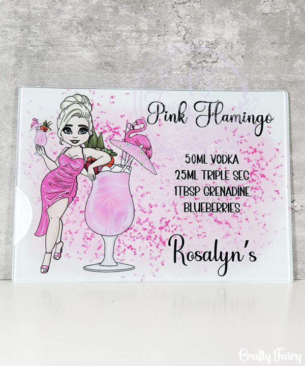 personalised pink flamingo cocktail lady glass chopping board or worktop protector small 20x28cm