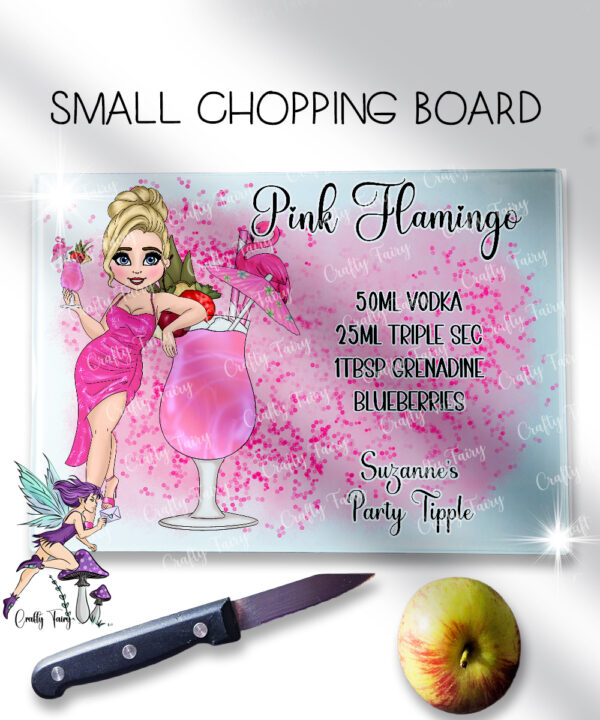 personalised pink flamingo cocktail lady glass chopping board or worktop protector small 20x28cm