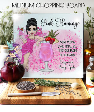 personalised pink flamingo cocktail lady glass chopping board or worktop protector small 20x28cm