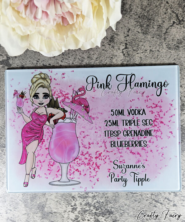 Personalised Pink Flamingo Cocktail Lady Glass Chopping Board