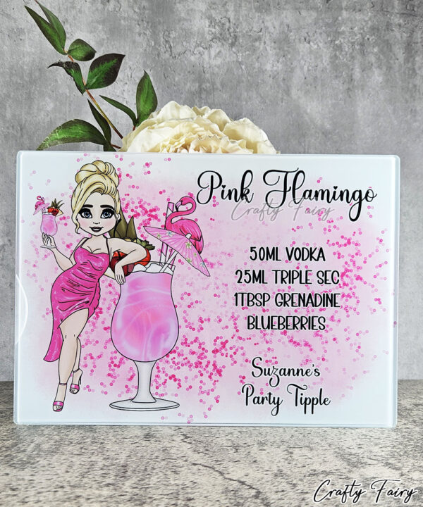 Personalised Pink Flamingo Cocktail Lady Glass Chopping Board