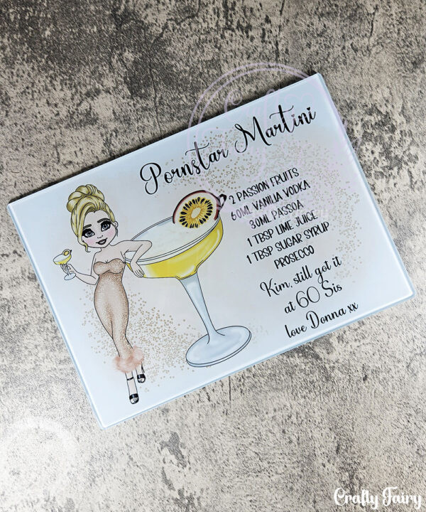 personalised pornstar martini cocktail lady glass chopping board or worktop protector small 20x28cm