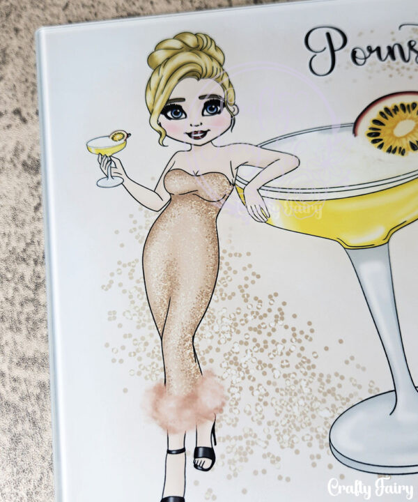 personalised pornstar martini cocktail lady glass chopping board or worktop protector small 20x28cm
