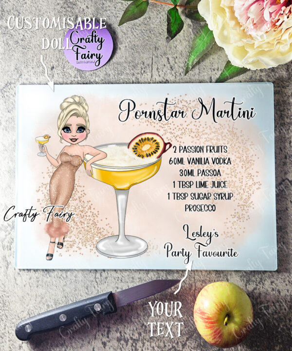 Personalised Pornstar Martini Cocktail Lady Glass Chopping Board