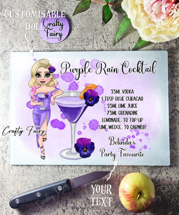 Personalised Purple Rain Cocktail Lady Glass Chopping Board