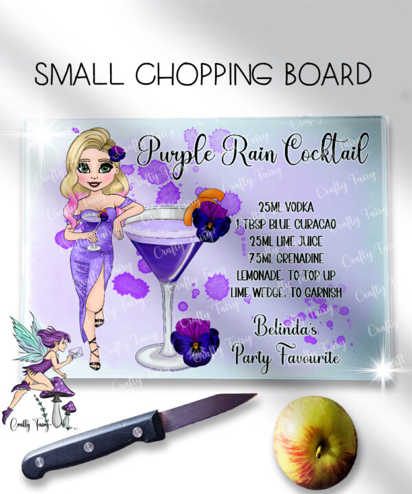 personalised purple rain cocktail lady glass chopping board or worktop protector small 20x28cm