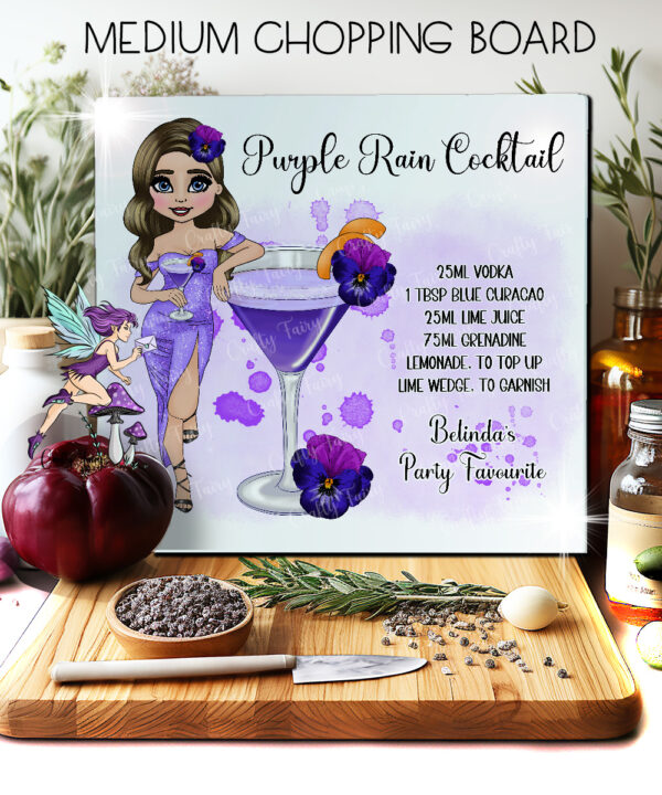 personalised purple rain cocktail lady glass chopping board or worktop protector small 20x28cm