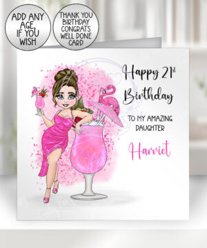 personalised pink flamingo cocktail lady happy birthday card