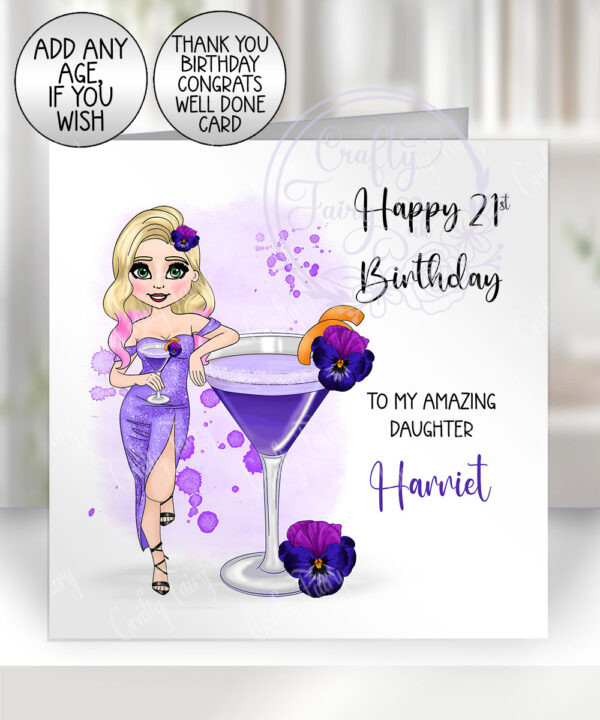 personalised purple rain cocktail lady happy birthday card