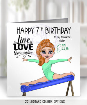personalised gymnast girl on beam birthday card various colours