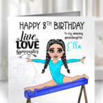 personalised gymnast girl on beam birthday card various colours