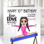 personalised gymnast girl on beam birthday card various colours