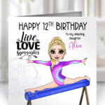 personalised gymnast girl on beam birthday card various colours