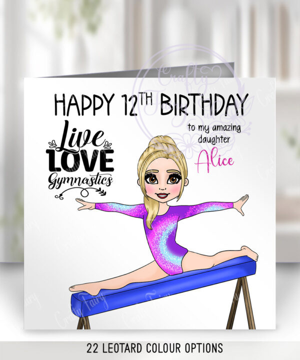 personalised gymnast girl on beam birthday card various colours