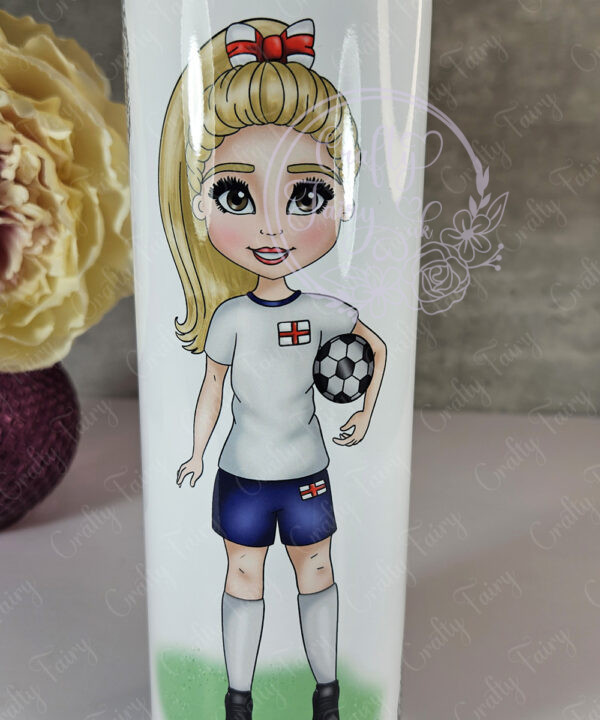 personalised footballer girl in england white blue football tumbler