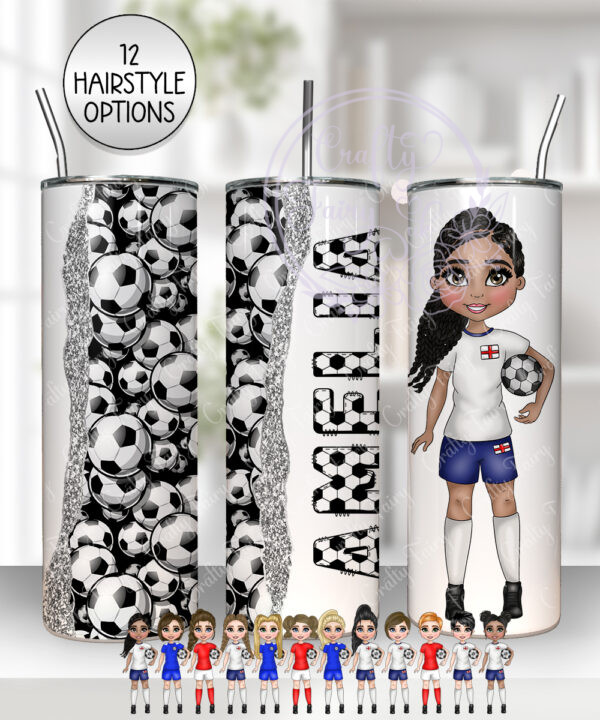 personalised footballer girl in england white blue football tumbler