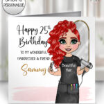 personalised hairdresser in white salon birthday card