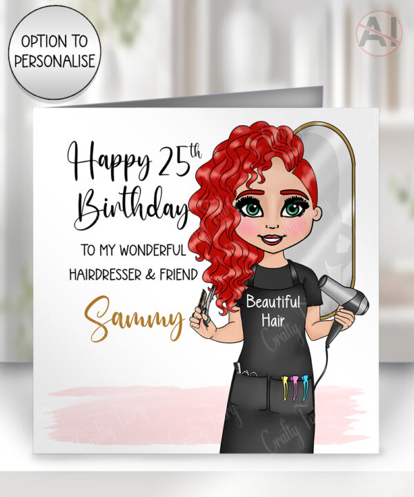personalised hairdresser in white salon birthday card