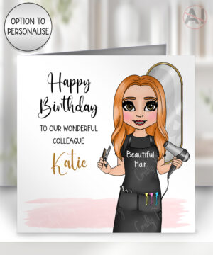 personalised hairdresser in white salon birthday card