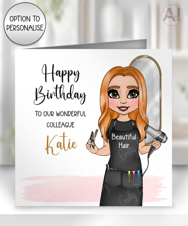 personalised hairdresser in white salon birthday card