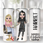 personalised hairdresser in pink glitter salon skinny tumbler