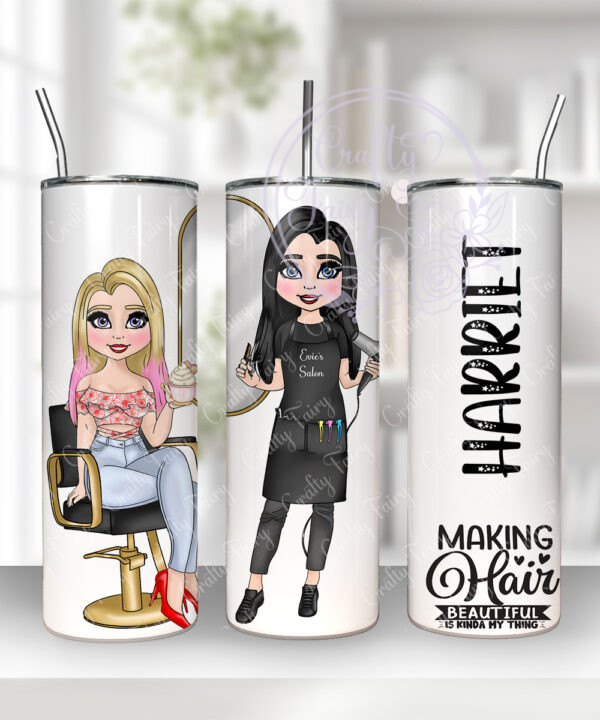 personalised hairdresser in pink glitter salon skinny tumbler