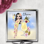 Personalised Pina Colada Cocktail Lady Slim Silver Square Compact Mirror Gift