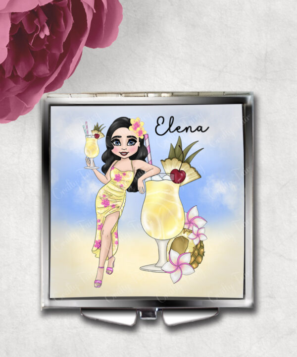 Personalised Pina Colada Cocktail Lady Slim Silver Square Compact Mirror Gift
