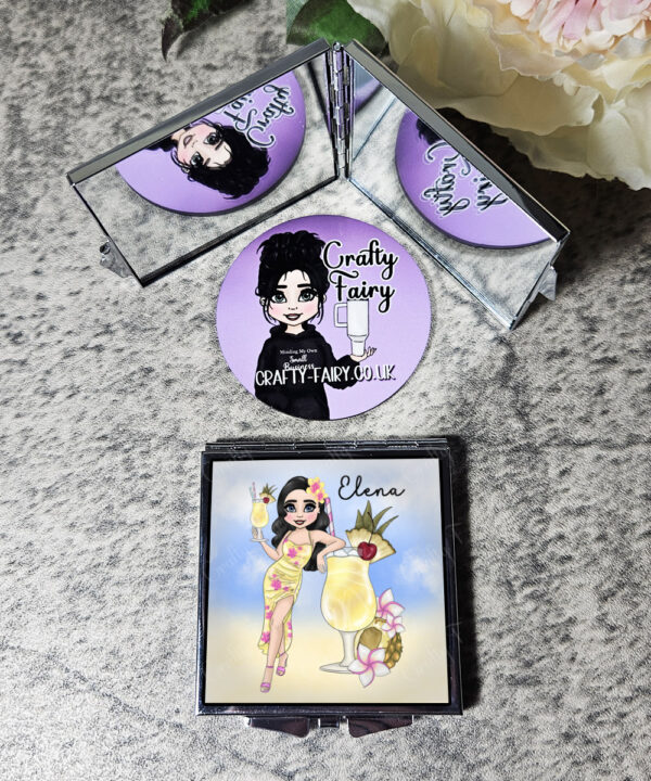 Personalised Pina Colada Cocktail Lady Slim Silver Square Compact Mirror Gift