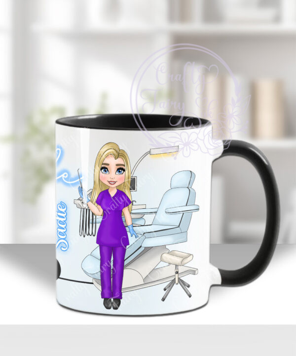 personalised dental assistant or female dentist with chair mug gift v3