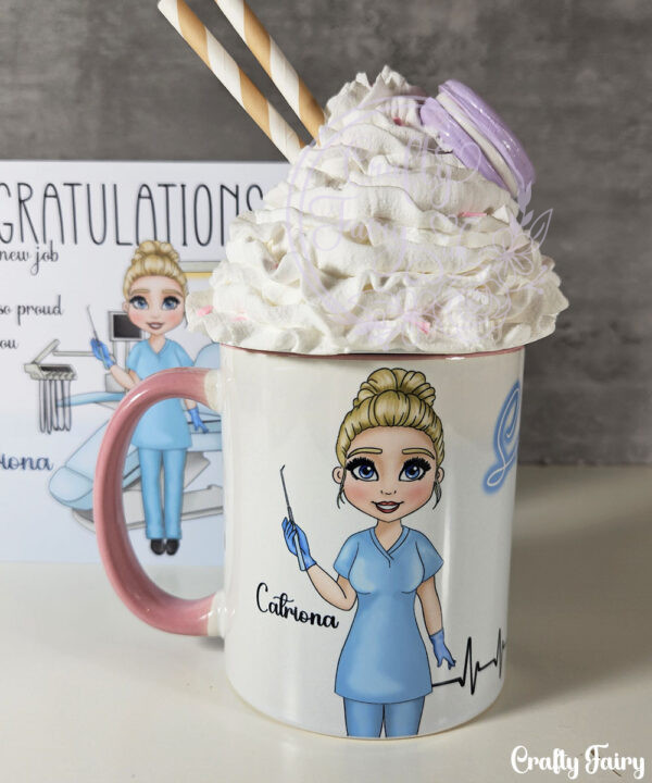 personalised dental assistant or female dentist with chair mug gift v3